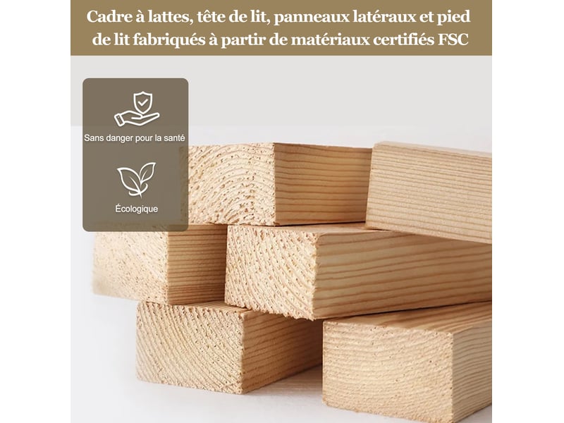  Lit enfant rembourré 140 × 200 cm 2 places avec tête de lit et coins arrondis, sans matelas, en velours, beige  - Conforama E
