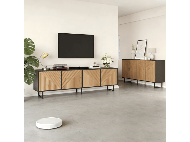  Ensemble meuble tv et buffet ulevr avec rangement, 180 x 40 x 50 cm et 160 x 40 x 75 cm, naturel et noir  - Conforama B
