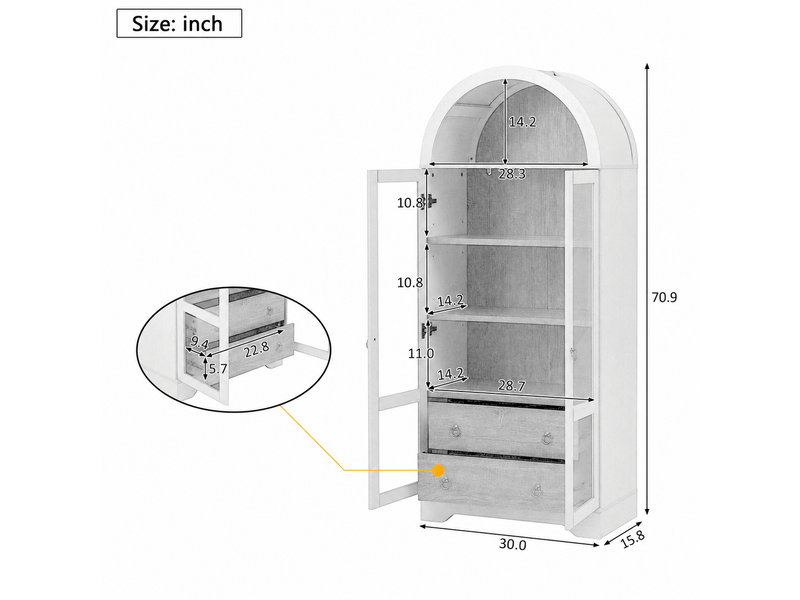 Buffet haut 76,2x40,1x180 cm avec étagères réglables et tiroirs mdf, verre transparent blanc - Conforama E