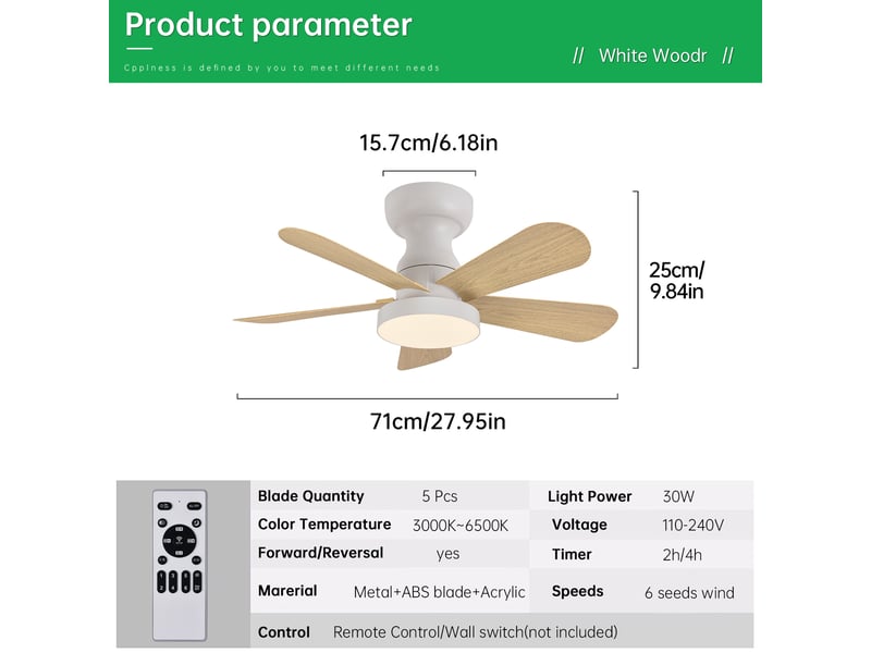 Ventilateur de plafond led 71 cm avec lampe et télécommande, 6 vitesses, minuterie, intensité variable, 3 températures de couleur - Conforama C