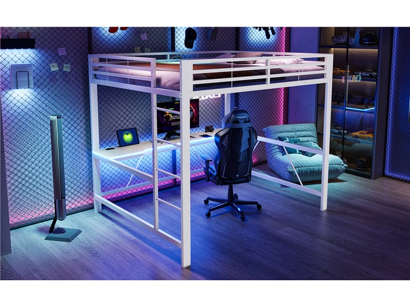  Lit mezzanine 2 places 160×200 cm bureau, led et usb  - sans matelas, métal et mdf - blanc  - Conforama E