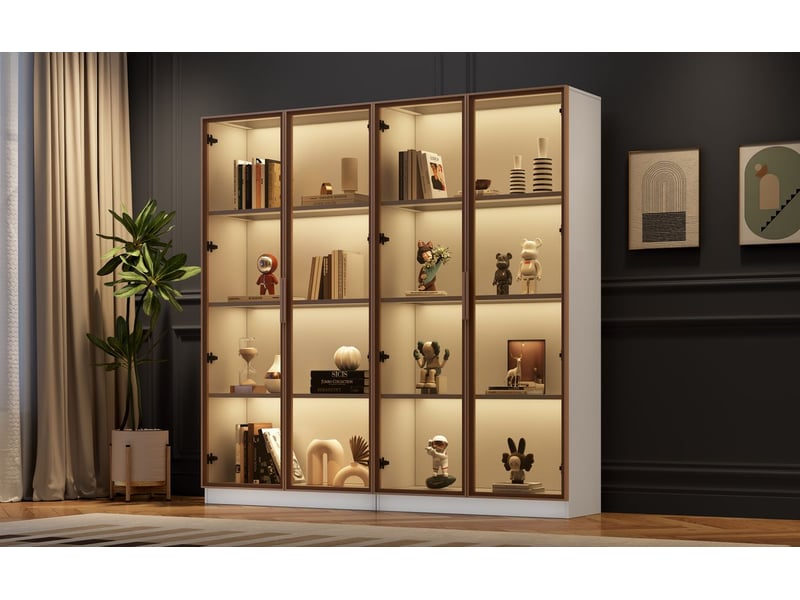  Vitrine salle à manger 80x40x160, portes battantes buffet salon, lot de 2, verre blanc, étagères amovibles, led 16 couleurs  - Conforama B