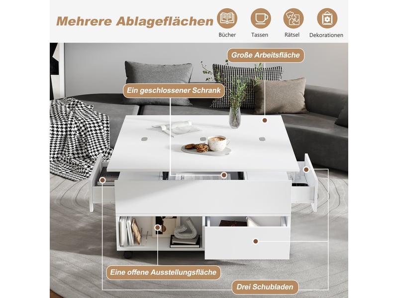  Table basse coloris blanc 100 × 50 × 52 cm, en panneaux de particules, avec plateau relevable et rangement ouvert  - Conforama D