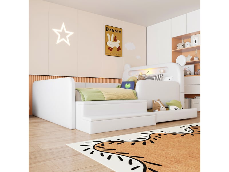  Lit enfant 140 × 200 cm avec rangements, tiroir, veilleuse et port usb, tête d’ours en simili cuir blanc pour chambre  - Conforama E