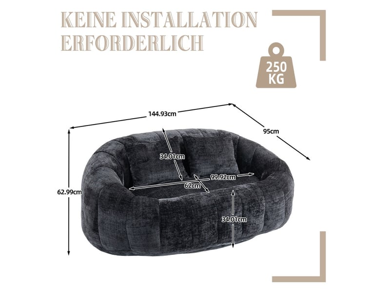  Canapé droit, 145 x 95 x 63 cm, fauteuil de détente moelleux à poser au sol, chenille, noir  - Conforama C