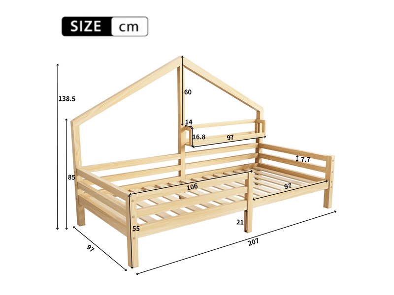  Lit enfant cabane 90 x 200 cm naturel en bois de pin, avec étagère arrière et barrières de sécurité latérales  - Conforama C