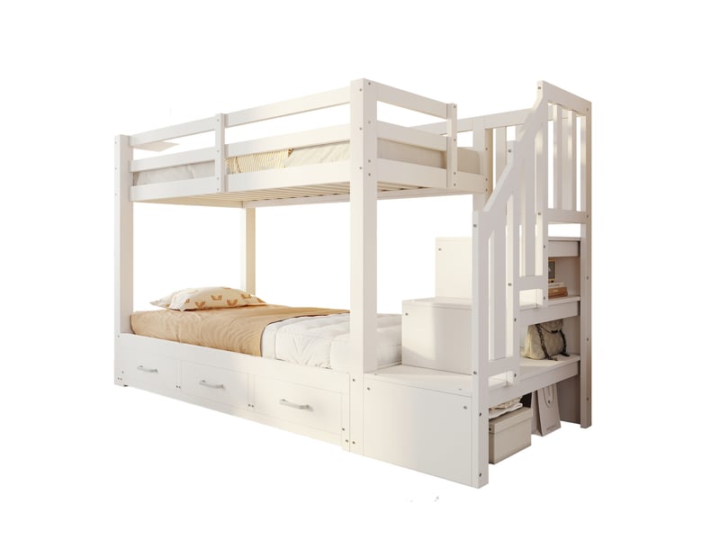 Lit superposé 90 x 200 cm avec lit gigogne 180 x 190 cm, escalier de rangement, 3 tiroirs, bois, blanc sans matelas - Conforama A