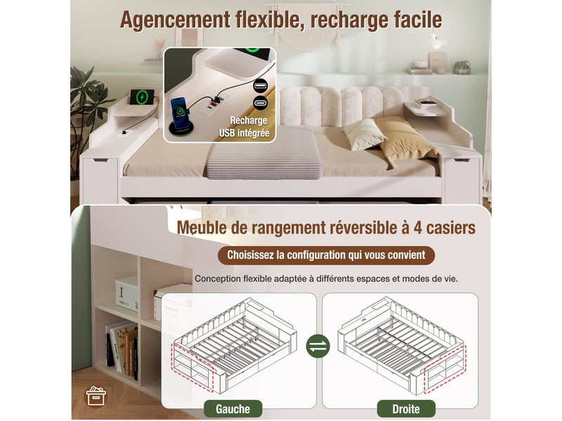  Canapé-lit 140x200cm - avec lit gigogne - avec usbtype-c - compartiment de rangement - dossier polaire sherpa - blanc (matelas non inclus)  - Conforama W