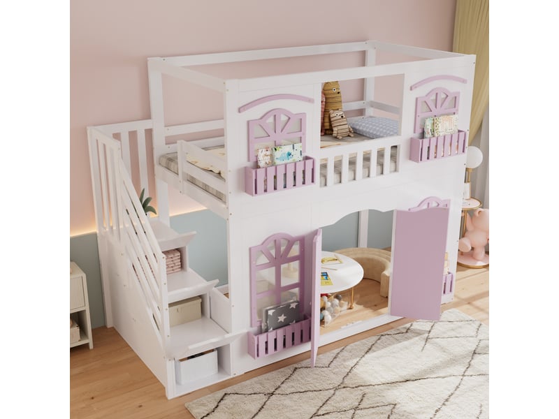  Lit superposé enfant 90x200 cm - avec portes et fenêtres - escalier avec rangements - rayonnage de stockage - bois massif + mdf - blanc + rose (sans matelas)  - Conforama B