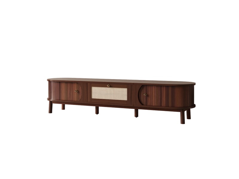  Meuble tv bois massif et rotin 170 cm avec portes coulissantes noyer naturel  - Conforama C