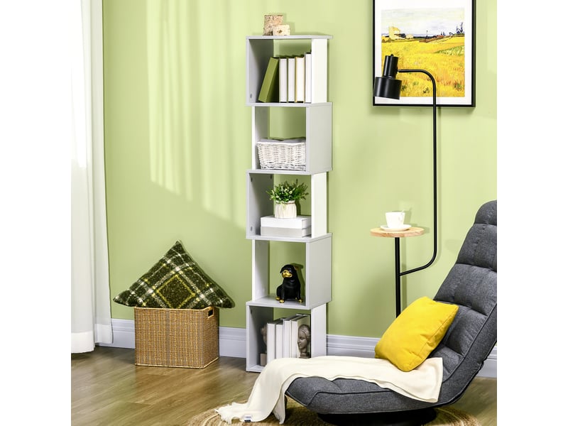  Bibliothèque en forme de s à 5 étagères pour salon ou bureau, 33 x 28 x 161 cm, blanc et gris  - Conforama D