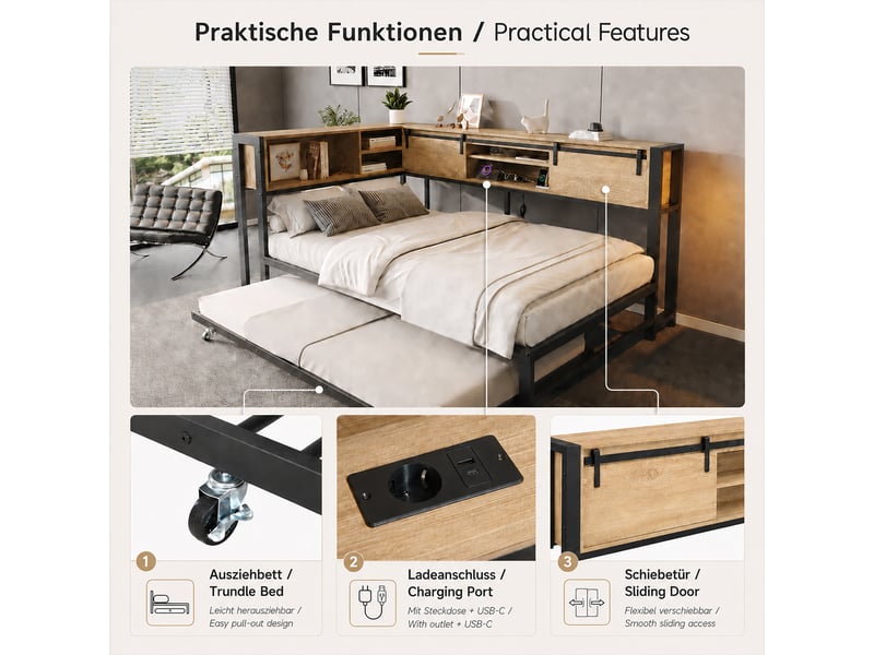  Lit gigogne 120x200 cm + 90x190 cm, rangements tête de lit, port usb, métal noir, sans matelas  - Conforama R