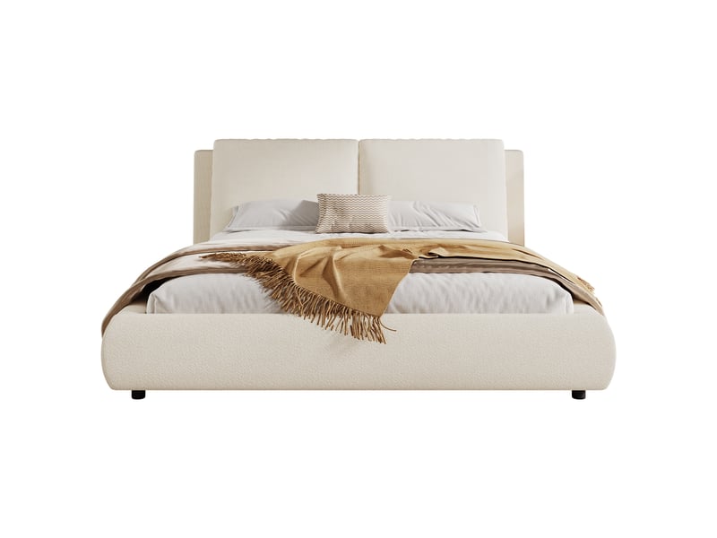  Lit double capitonné, rangement hydraulique, avec sommier et tête de lit, tête de lit capitonnée, tissu bouclé, beige - 180 × 200 cm  - Conforama A