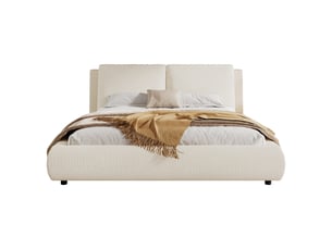 Lit double capitonné, rangement hydraulique, avec sommier et tête de lit, tête de lit capitonnée, tissu bouclé, beige - 180 × 200 cm