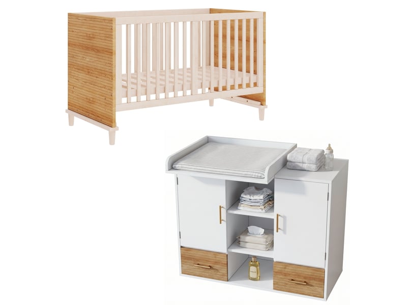 Ensemble table à langer et lit bébé réglable – bois et mdf – naturel et blanc – 114 x 53 x 92 cm  - Conforama A