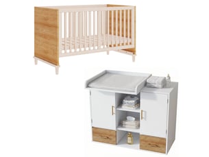 Ensemble table à langer et lit bébé réglable – bois et mdf – naturel et blanc – 114 x 53 x 92 cm