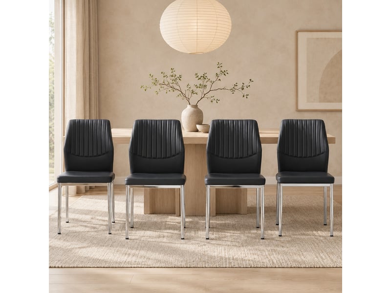  Chaises de salle à manger lot de 4 dossier nervuré rembourré  - pieds en métal, pu noir et argent  - Conforama C