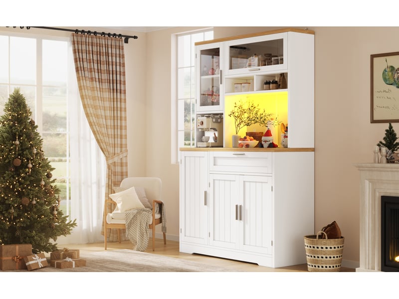  Meuble de rangement haut 104x40x180 cm, armoire de rangement, tiroir, portes, luminaire led, pour cuisine, salon, mdf+métal, blanc  - Conforama E