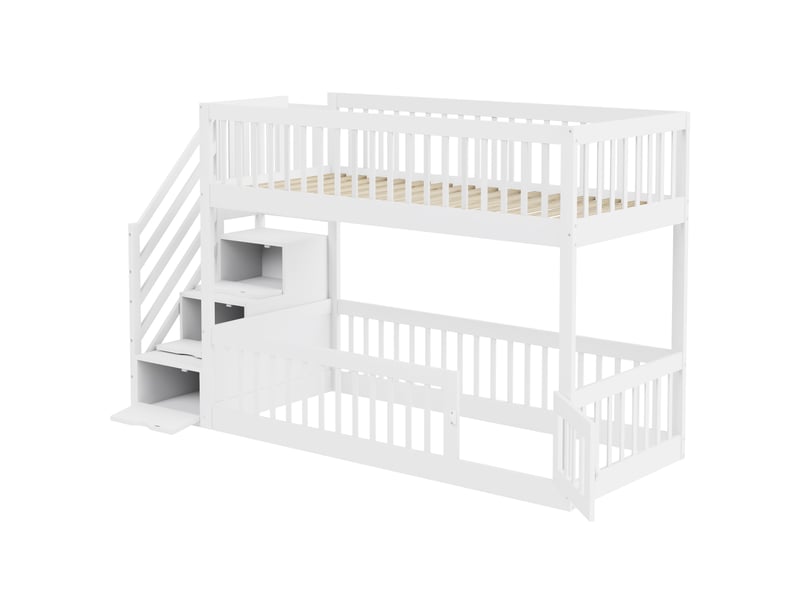  Lit superposé enfant 90 x 200 cm intebiki - bois blanc avec échelle, tiroirs de rangement et lit inférieur convertible  - Conforama W