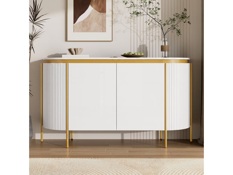  Buffet de salon 140x38x80 cm, pour cuisine et couloir, meuble bas ovale en mdf, avec 4 portes et pieds en métal, blanc  - Conforama W