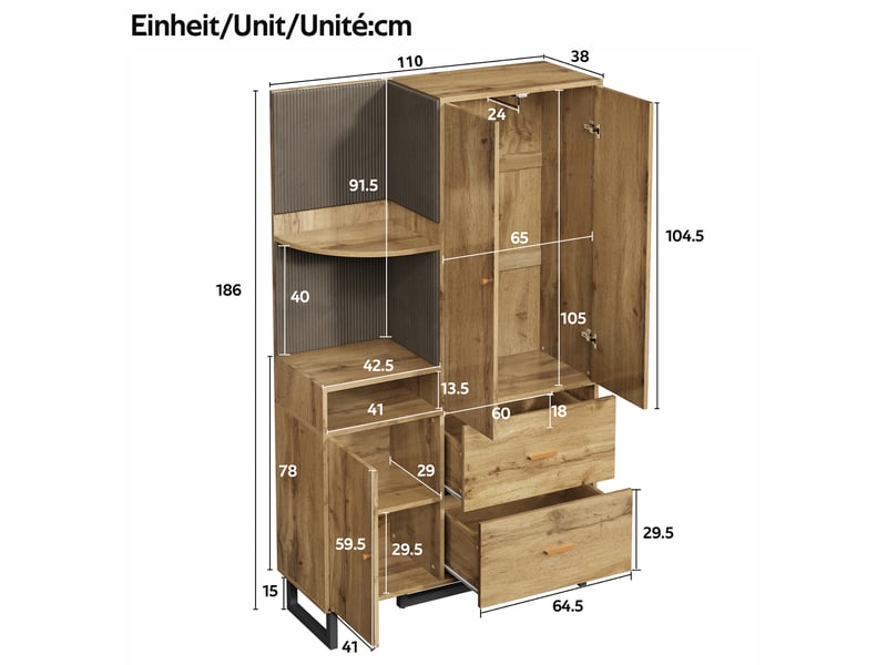 Meuble d'entrée avec 1 porte, 2 tiroirs et rangement en mdf 110×38×186 cm noir naturel - Conforama E