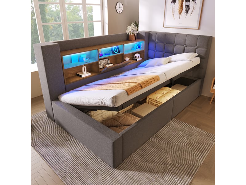  Lit banquette coffre 90 x 190 cm, coffre à relevage hydraulique, éclairage led, étagères de rangement, dossier réversible, tissu effet lin, gris ABC - Conforama B
