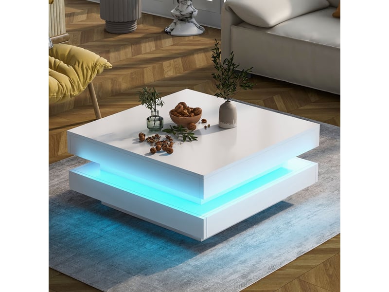  Table basse carrée avec plateau rotatif à 360° et led, finition brillante, en panneaux de particules, blanc - uvrion  - Conforama D