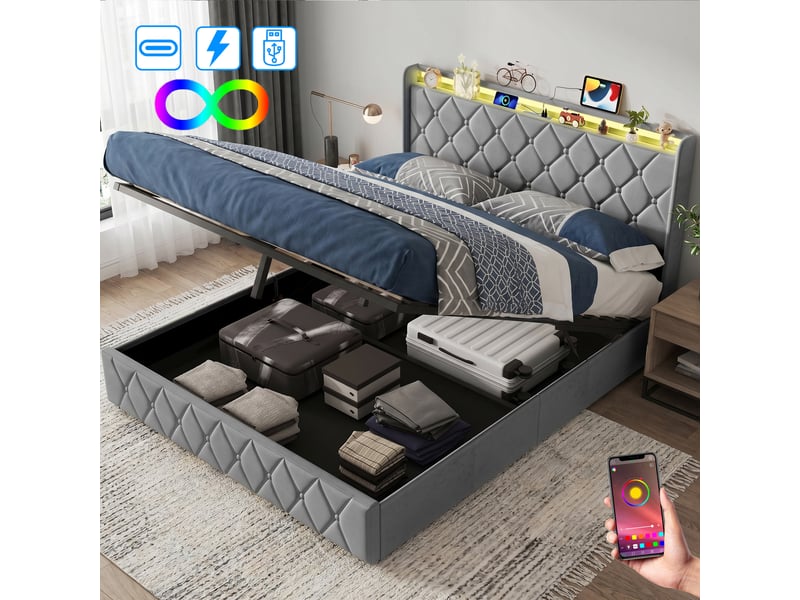  Lit coffre 140x200 cm avec led rgb,usb et type-c, lit double en velours gris ,hydraulique,grand rangement,sommier inclus  - Conforama B