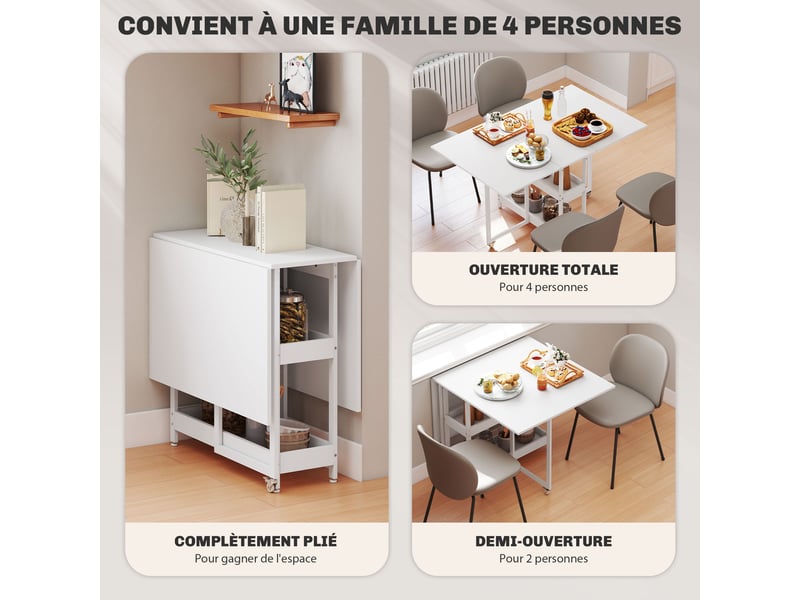  Table à manger pliante sur roulettes 4 personnes avec compartiments ouverts, pour petits espaces, blanc, salle à manger  - Conforama A