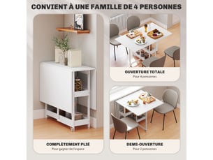 Table à manger pliante sur roulettes 4 personnes avec compartiments ouverts, pour petits espaces, blanc, salle à manger