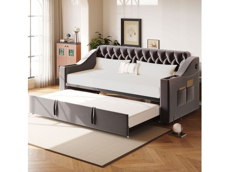  Lit gigogne 90x190 cm, usb et rangements, finition velours gris foncé, sans matelas  - Conforama B