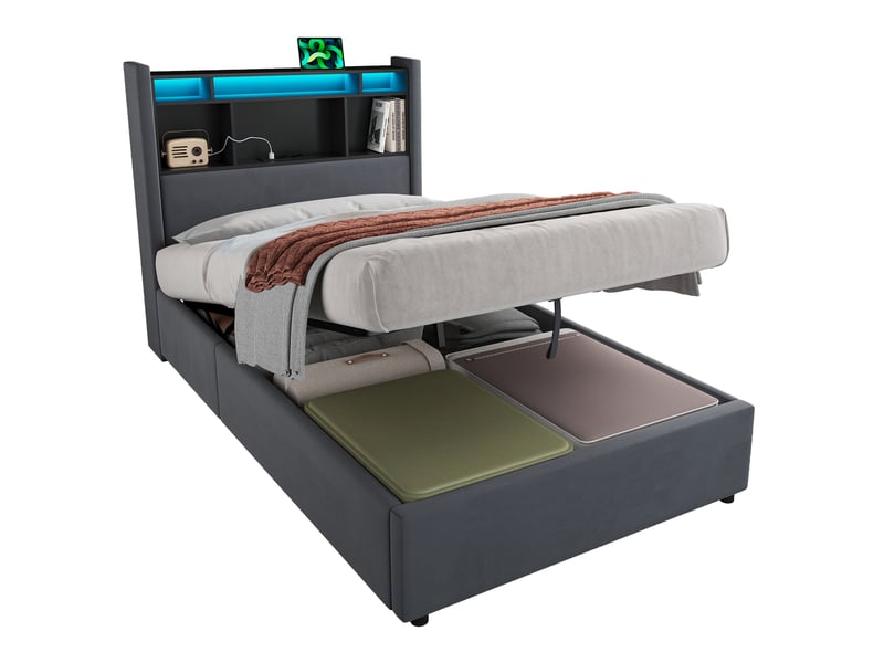  Lit coffre simple 90x200cm avec lampe led, fonction de charge et fonction de rangement, sans matelas  - Conforama A