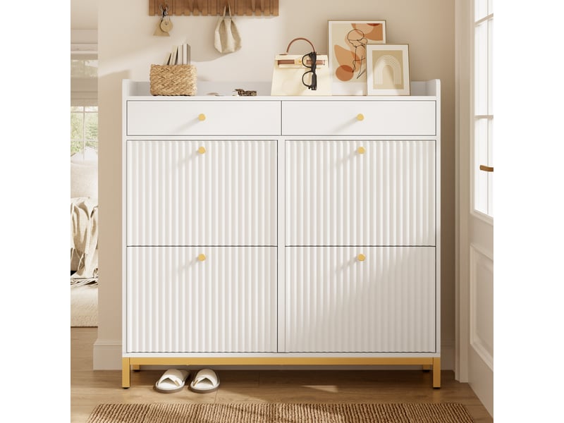 Meuble à chaussures blanc 106,5x25x107 cm, 4 portes abattantes et 2 tiroirs intégrés, panneau de particules pour couloir  - Conforama R