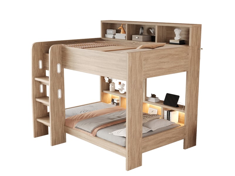  Lit superposé 90x200 cm avec rangements, led et prises, coloris bois naturel, sans matelas  - Conforama A