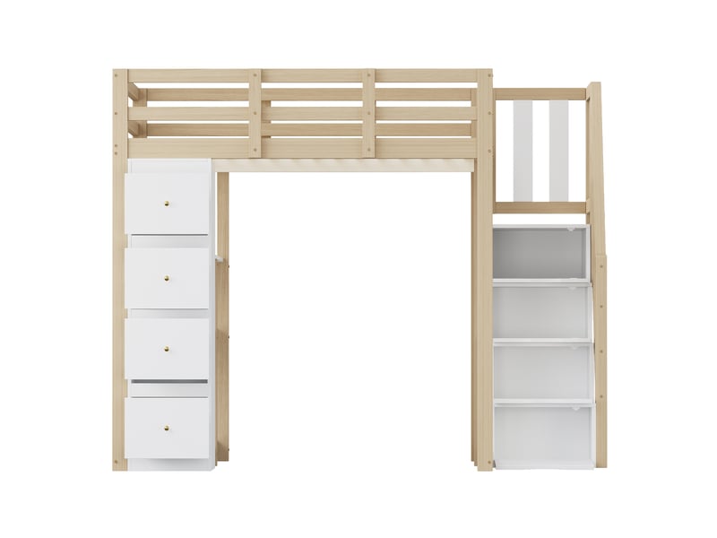  Lit mezzanine 140x200cm, li enfant avec 4 tiroirs, étagères, escalier, espace de rangement et sommier, pin+mdf, blanc+bois, sans matelas  - Conforama R