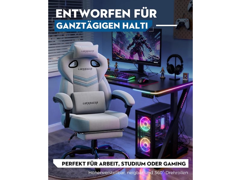  Gtplayer chaise de jeu en tissu avec accoudoirs synchronisés, inclinaison de 90-155° et repose-pieds - gris - double ligne LR408-GY-DL-FA - Conforama E
