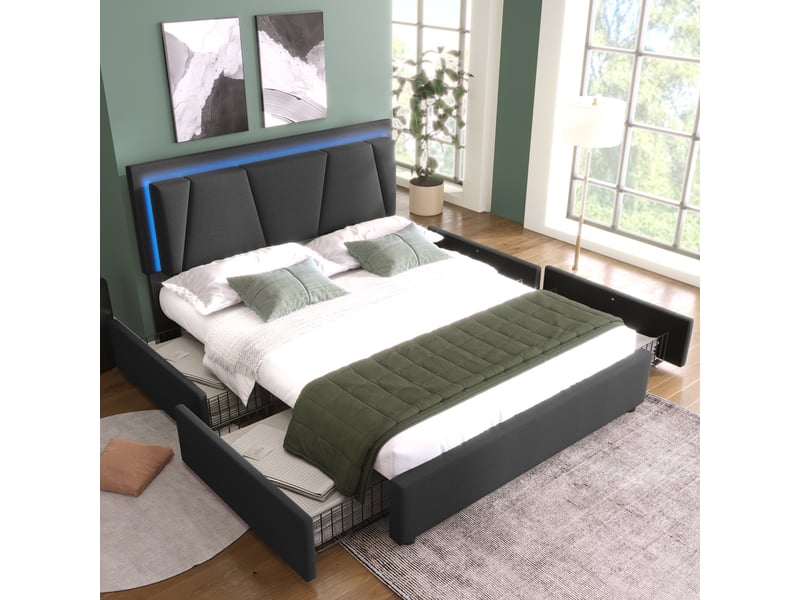 Lit double 140x200 cm - lit double capitonné avec 4 tiroirs, tête de lit réglable et led, lin, bois et métal, gris, matelas inclus - Conforama B