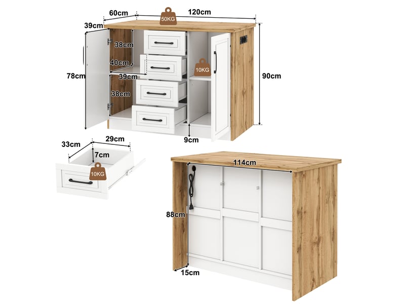 Îlot de cuisine 120x60x90 cm avec 4 tiroirs, prises et ports usb, blanc et bois naturel - Conforama E