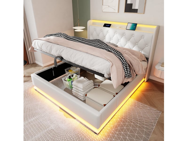  Lit double 140 x 190 cm blanc avec rangement hydraulique, led et ports usbusb type-c  - Conforama D