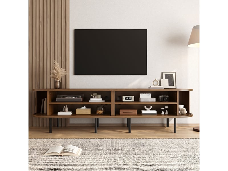  Meuble tv 170x40x46 cm, portes coulissantes, passe-câbles, façades texturées, pieds métal, grand rangement pour salon - noyer  - Conforama E