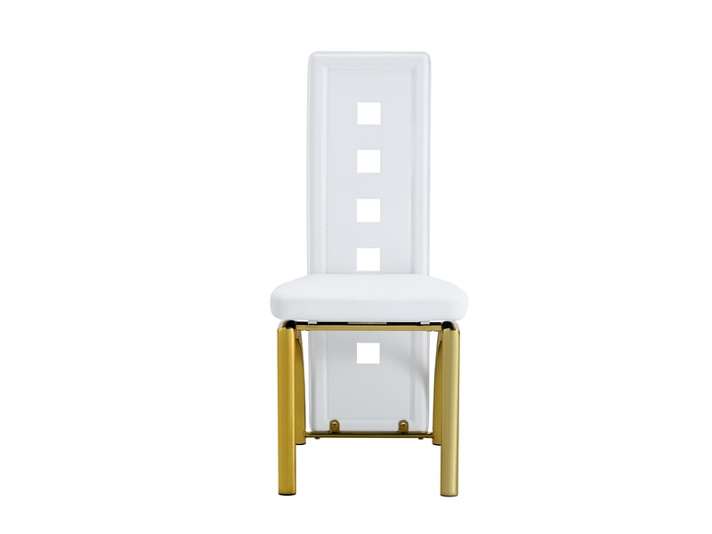  Ensemble table ronde et deux chaises, plateau en verre trempé 88 cm, sièges blancs en similicuir pu et structures métalliques dorées  - Conforama A