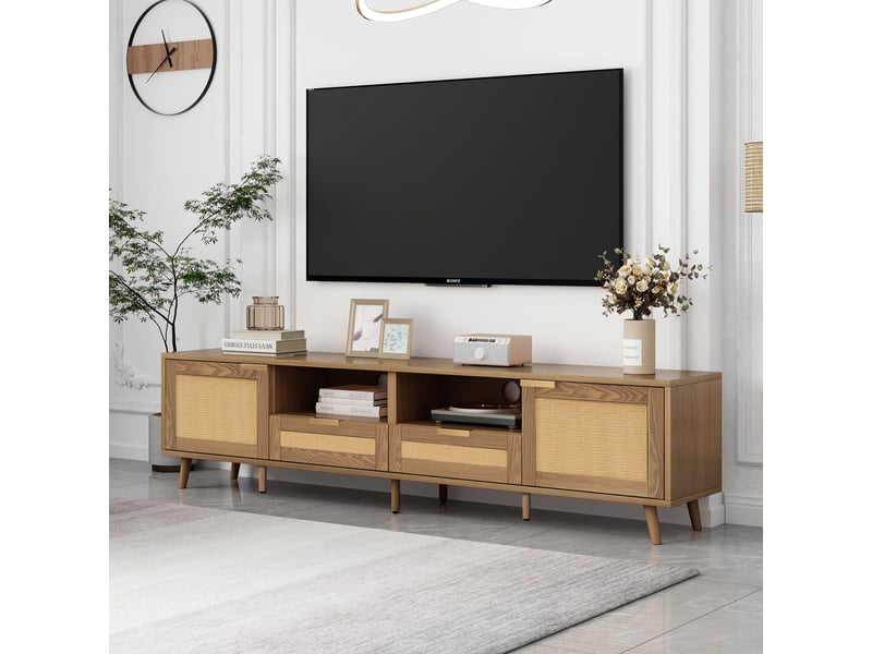  Meuble tv en rotin synthétique couleur chêne, meuble tv de 200 cm avec rangements, portes et tiroirs, style moderne  - Conforama B