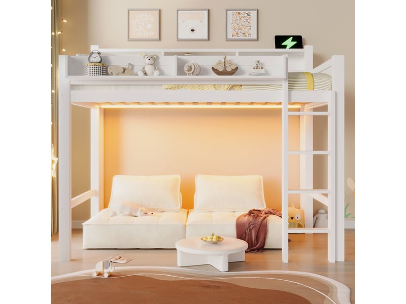  Lit mezzanine bois 90 x 200 cm blanc led usb 3 placards de rangement échelle garde-corps et sommier à lattes enfant ado  - Conforama B