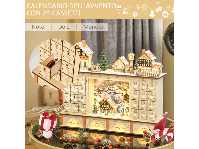  Calendario dell'avvento in legno con 24 cassetti da riempire, decorazione con villaggio di natale e luci,44x10x37cm  - Conforama E