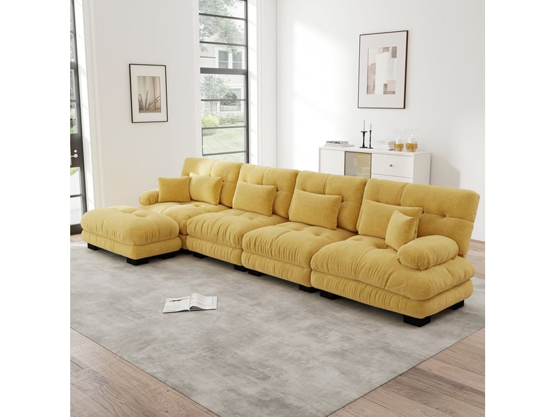 Canapé d'angle modulable ulevr 4 places en chenille jaune avec ottomans mobiles, configuration l, droite ou u - Conforama D