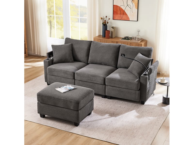  Canapé d'angle en l 213,5x139x87 cm avec rangement, port usb et coussins, velours côtelé gris foncé  - Conforama B