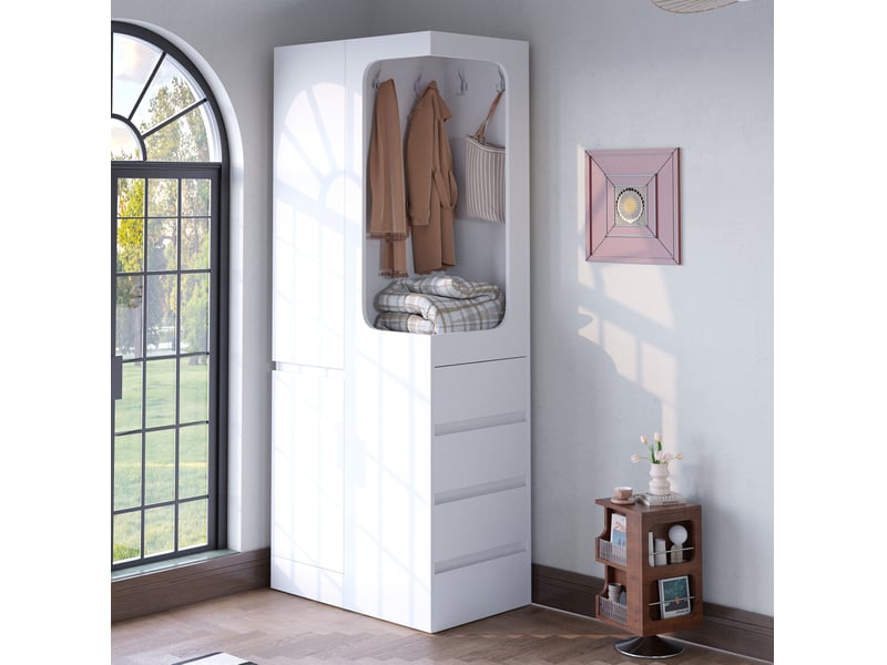  Armoire de vêtements 70 x 40 x 170 cm, avec tiroirs et rangements ouverts, une porte, blanc  - Conforama B