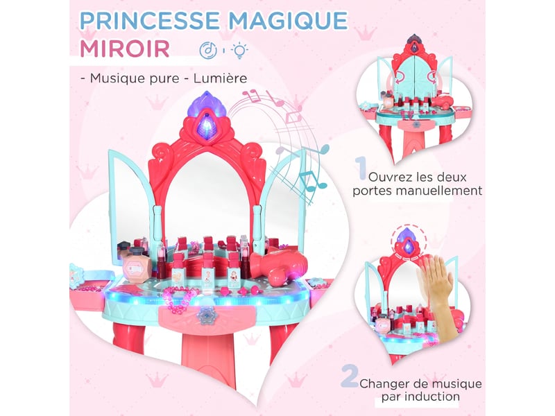  Coiffeuse enfant fille avec tabouret, miroir, lumière, musique, accessoires, 3-6 ans, 57x34x76cm, multicolore  - Conforama D