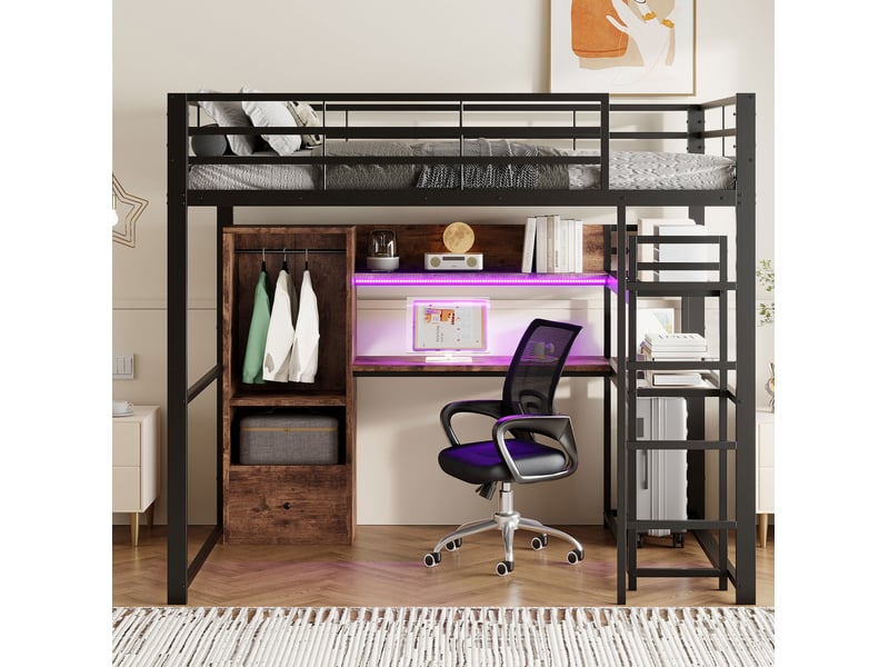 Lit mezzanine 140x200 cm en métal avec bureau, tiroir, rangements et led noir - Conforama B