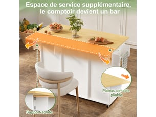 Îlot de cuisine sur roulettes avec rangement et plan rabattable, 2 tiroirs, blanc et bois naturel